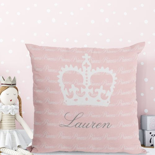 Pink and White Princess Crown Throw Pillow