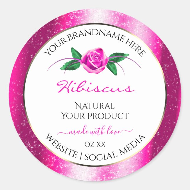 Pink and White Product Labels Floral Rose Glitter (Front)