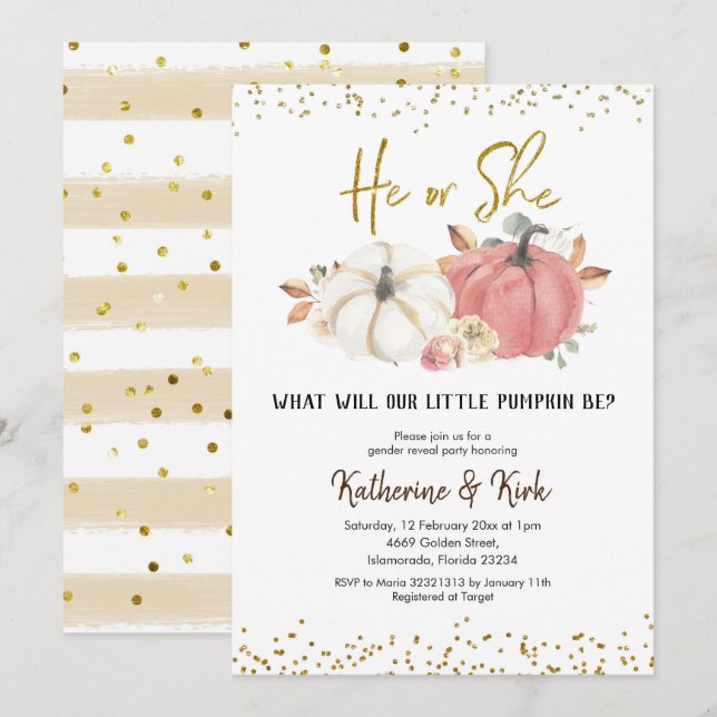 Pink and White Pumpkin Fall Gender Reveal Party Invitation (Front/Back)