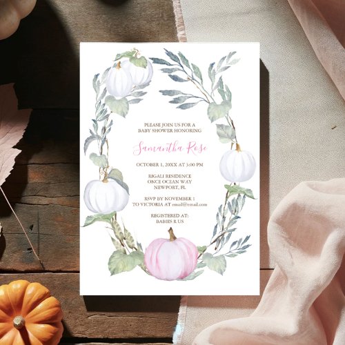 Pink and WHITE PUMPKIN Greenery BABY Shower Invite