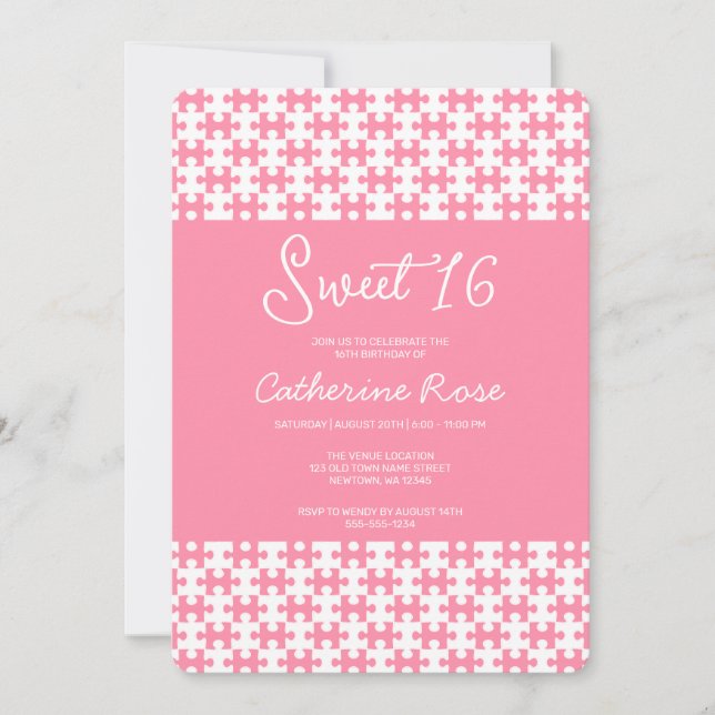 Pink And White Puzzle Checkered Sweet 16 Invitation (Front)