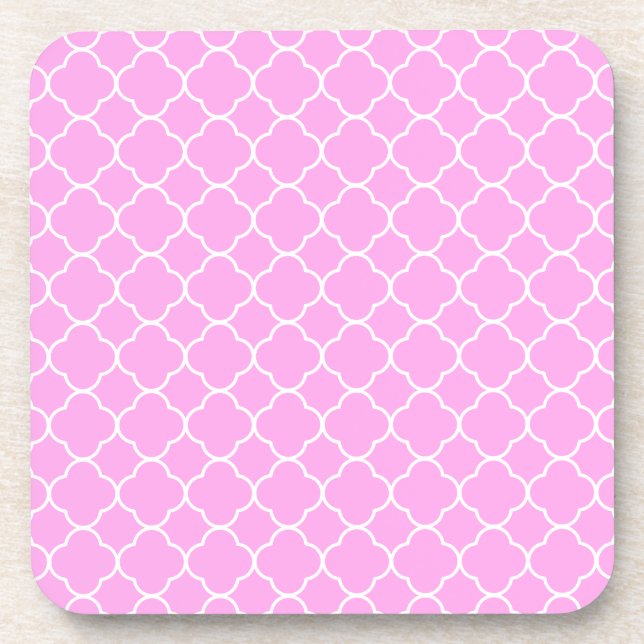 Pink And White Quatrefoil Pattern Beverage Coaster (Front)