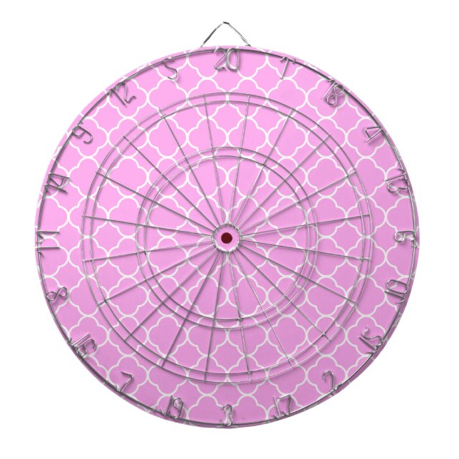 Pink And White Quatrefoil Pattern Dartboard With Darts (Front)