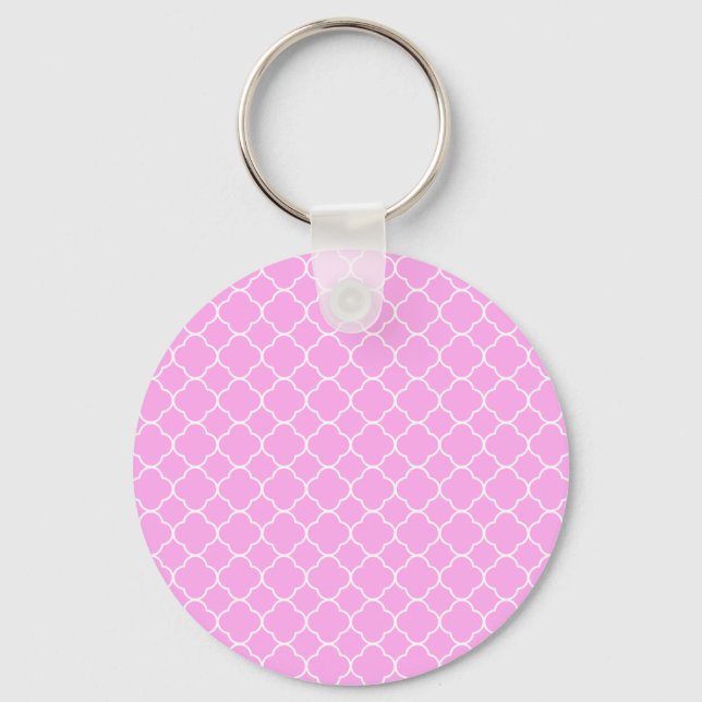 Pink And White Quatrefoil Pattern Keychain (Front)