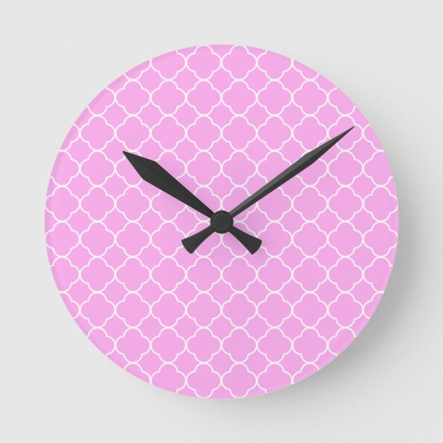 Pink And White Quatrefoil Pattern Round Clock (Front)