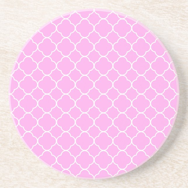 Pink And White Quatrefoil Pattern Sandstone Coaster (Front)