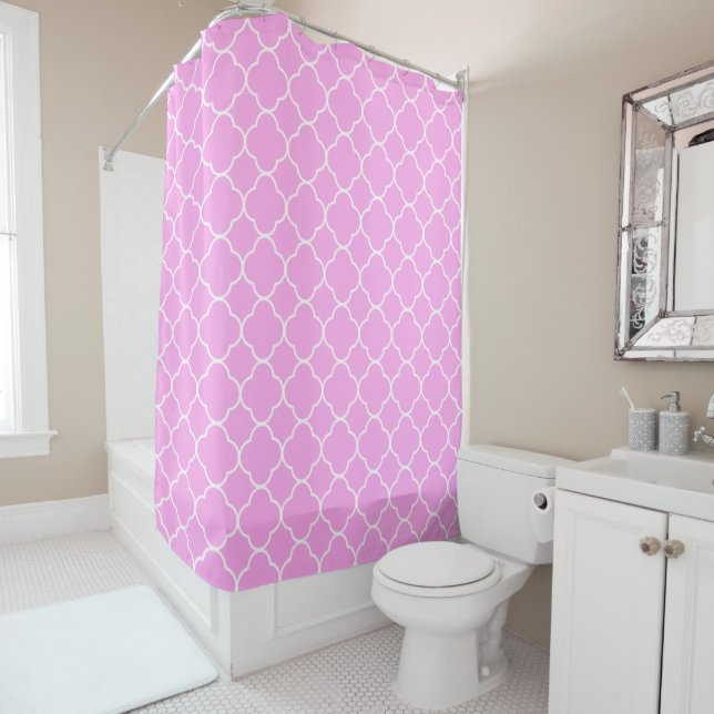 Pink And White Quatrefoil Pattern Shower Curtain (In Situ)