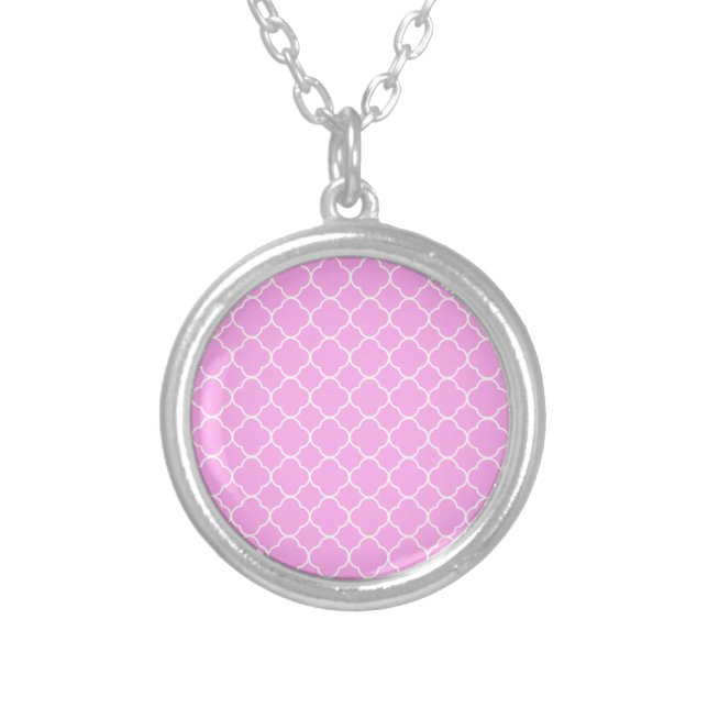Pink And White Quatrefoil Pattern Silver Plated Necklace (Front)