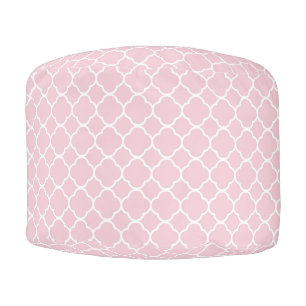 Pink and White Quatrefoil Round Pouf