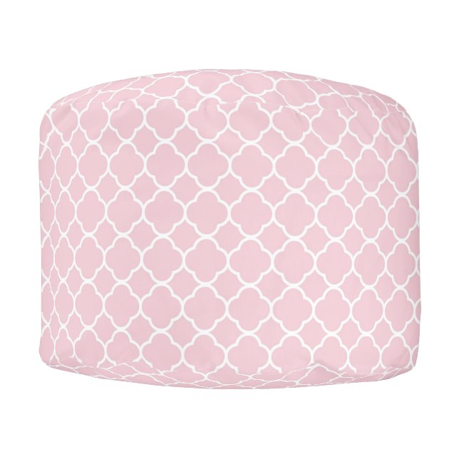 Pink and White Quatrefoil Round Pouf (Front)