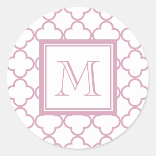 Pink and White Quatrefoil  Your Monogram Classic Round Sticker