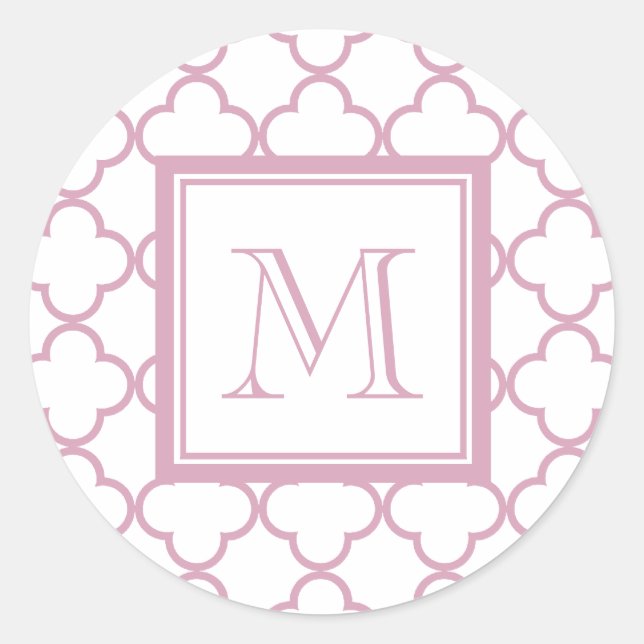 Pink and White Quatrefoil | Your Monogram Classic Round Sticker (Front)