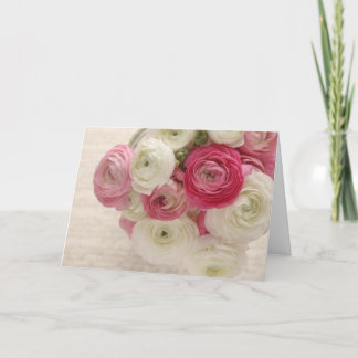 pink and white ranunculus on script greeting card