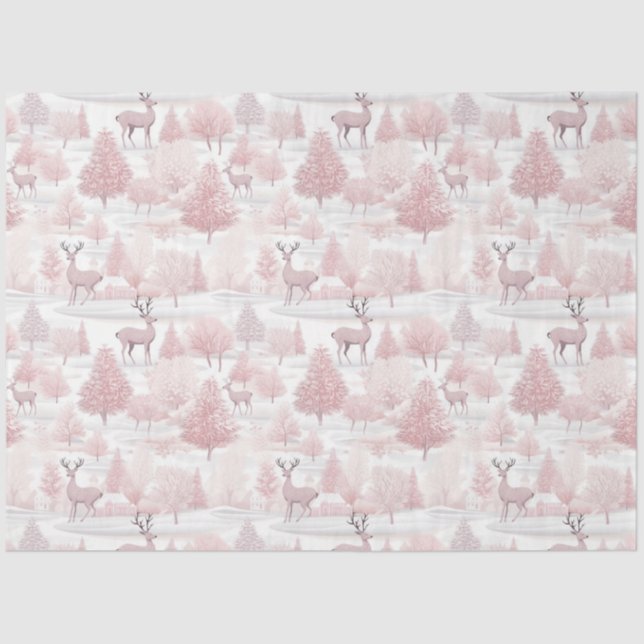 Pink and White Reindeer and Trees Christmas Tissue Paper (Front)