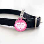 Pink And White Rescue Dog Heart With Custom Info Pet ID Tag<br><div class="desc">White heart on a pink background color. Inside the heart there is a pink paw print and text that reads: "Rescue dog". On the other side there are customizable text areas for the name of the pet and for a phone number.</div>