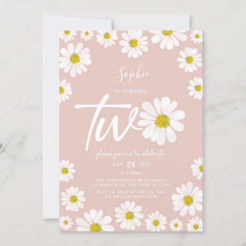 Pink and White Retro Daisy 2nd Birthday Invitation