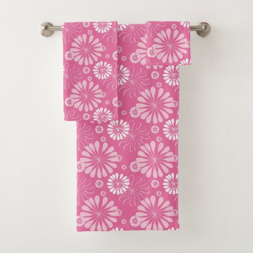 Pink and White Retro Floral Print Bath Towel Set