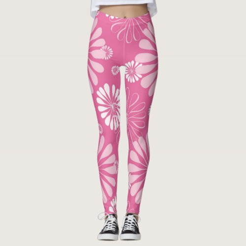 Pink and White Retro Floral Print Leggings