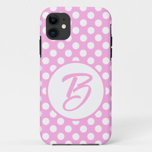 Pink and white retro polka dots monogrammed    iPhone 11 case
