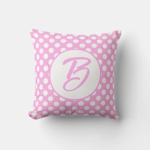 Pink and white retro polka dots monogrammed    throw pillow