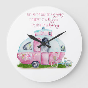 Pink and White Retro Vintage Camper with Quote Large Clock