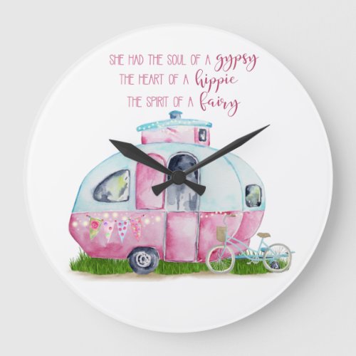 Pink and White Retro Vintage Camper with Quote Large Clock