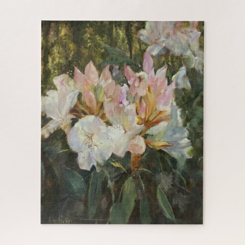 Pink and White Rhododendron Deep Green Foliage Jigsaw Puzzle