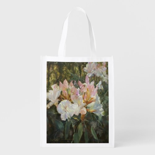 Pink and White Rhododendrons Deep Green Foliage Grocery Bag