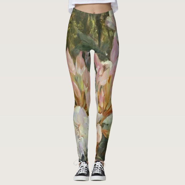 Pink and White Rhododendrons Deep Green Foliage Leggings (Front)