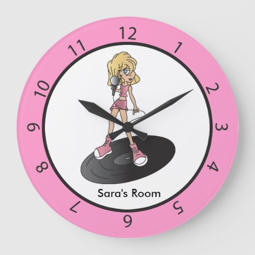 Pink and White Rock and Roll Girl Large Clock