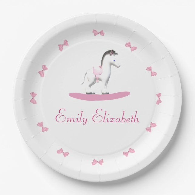 Pink and White Rocking Horse  Paper Plates (Front)