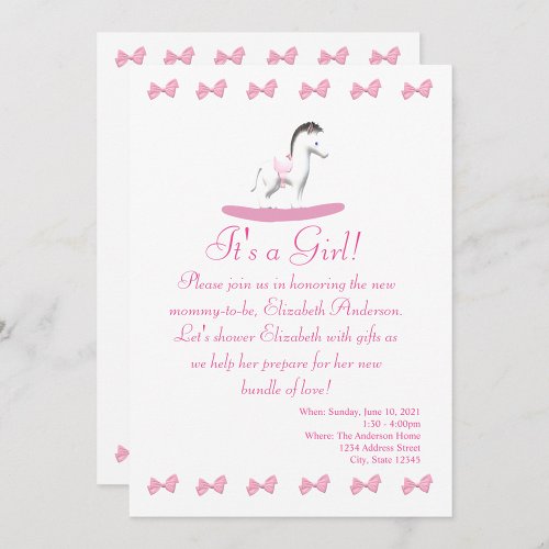 Pink and White Rocking Horse Shower Invitation