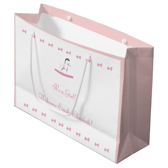 Pink and White Rocking Horse Theme Large Gift Bag (Front Angled)