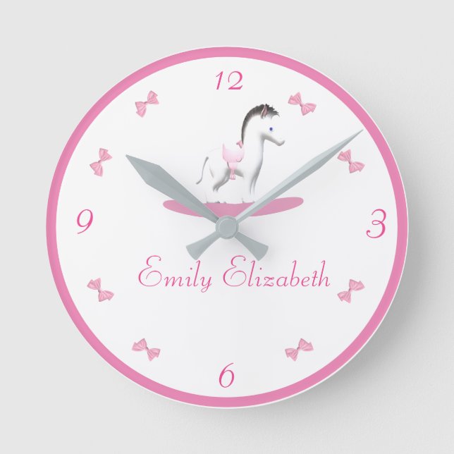 Pink and White Rocking Horse Theme  Round Clock (Front)