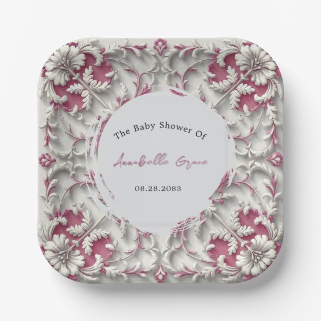 Pink and White Rococo Baroque Girl Baby Shower Paper Plates (Front)