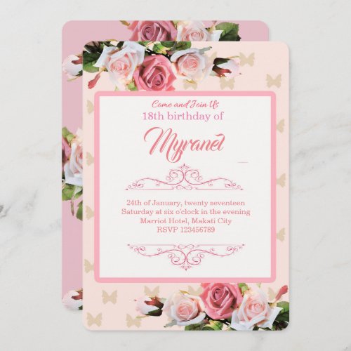 Pink and White Rose Birthday Invitation