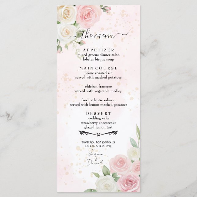 Pink and White Rose Blooms Wedding Menu (Front)
