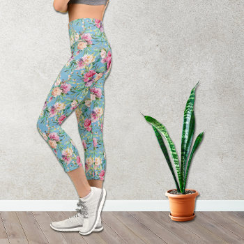 Pink And White Rose Bouquet On Sky Blue Capri Leggings by AvenueCentral at Zazzle