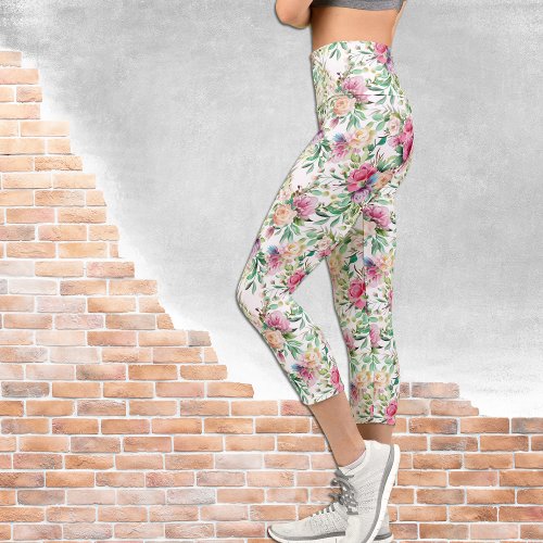 Pink and White Rose Bouquet on White Capri Leggings