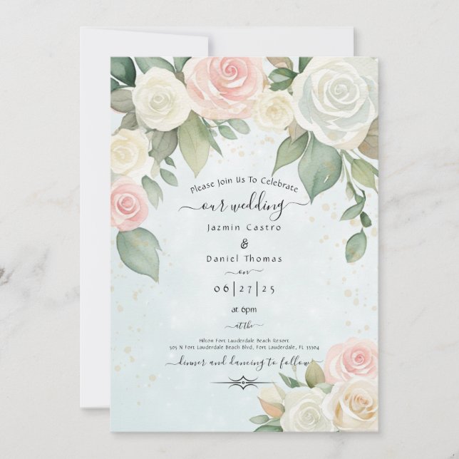 Pink and White Rose Dusky Blooms Invitation (Front)
