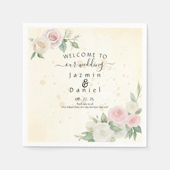 Pink and White Rose Dusky Blooms Program Fans Napkins (Front)