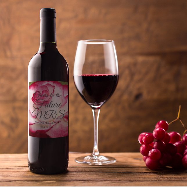 Pink and White Rose Floral Bridal Shower Wine Label (In Situ)