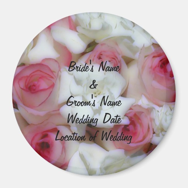 Pink and White Rose Wedding Favor Magnet Template (Front)