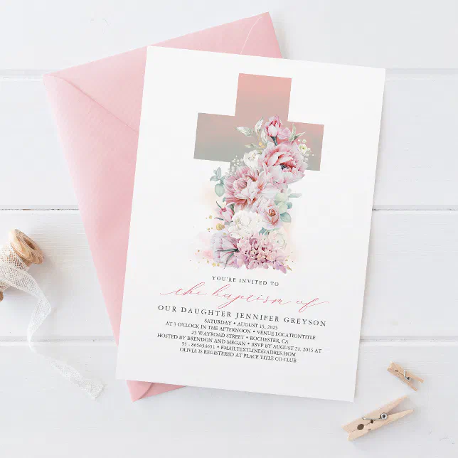 Pink and White Roses Elegant Modern Girl Baptism Invitation | Zazzle