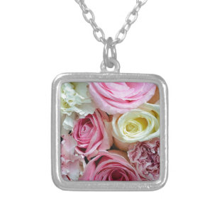 Pink and white roses floral bouquet silver plated necklace