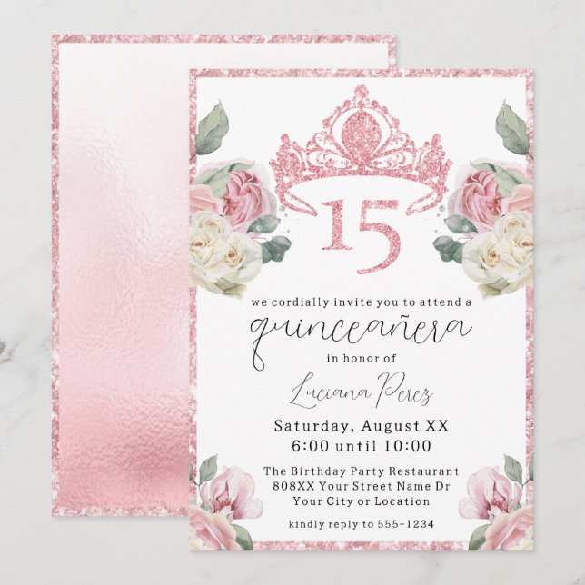 Pink and White Roses Glitter Tiara Quinceañera Invitation (Front/Back)