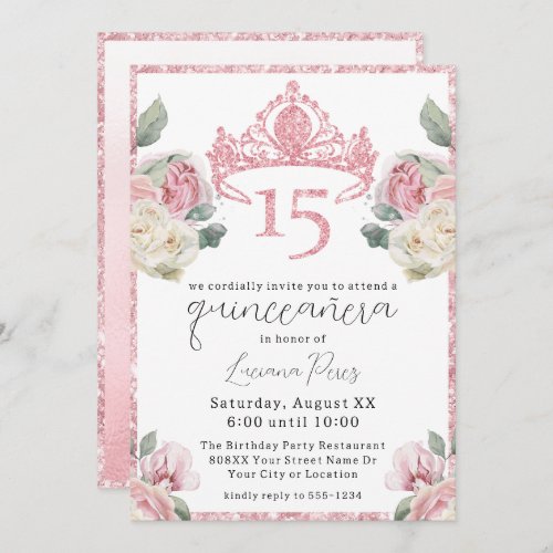 Pink and White Roses Glitter Tiara Quinceaera Invitation