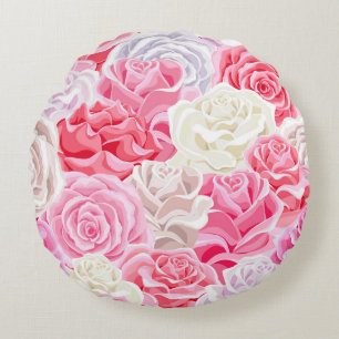 pink and white roses seamless pattern. Flowers tex Round Pillow