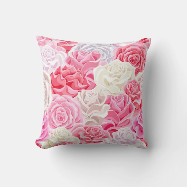 pink and white roses seamless pattern. Flowers tex Throw Pillow (Front)
