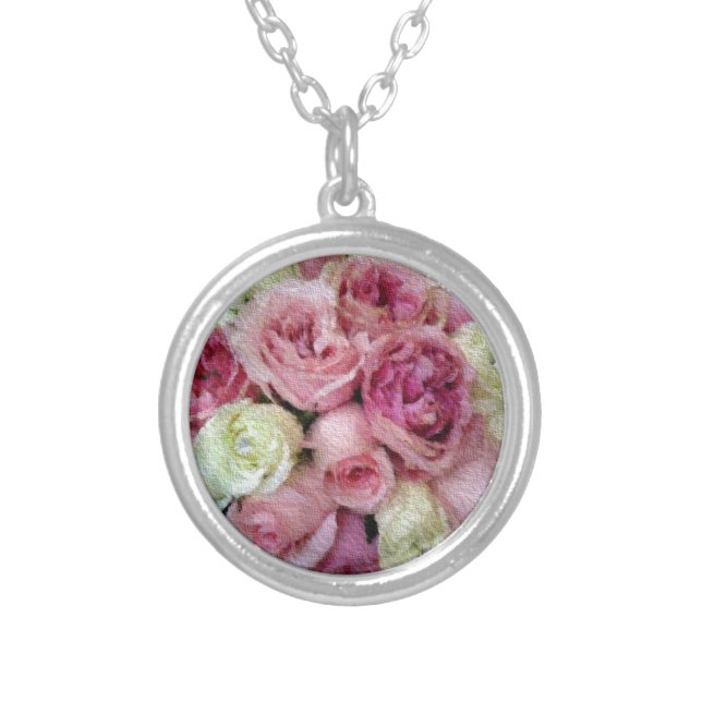 Pink and White Roses Silver Plated Necklace (Front)